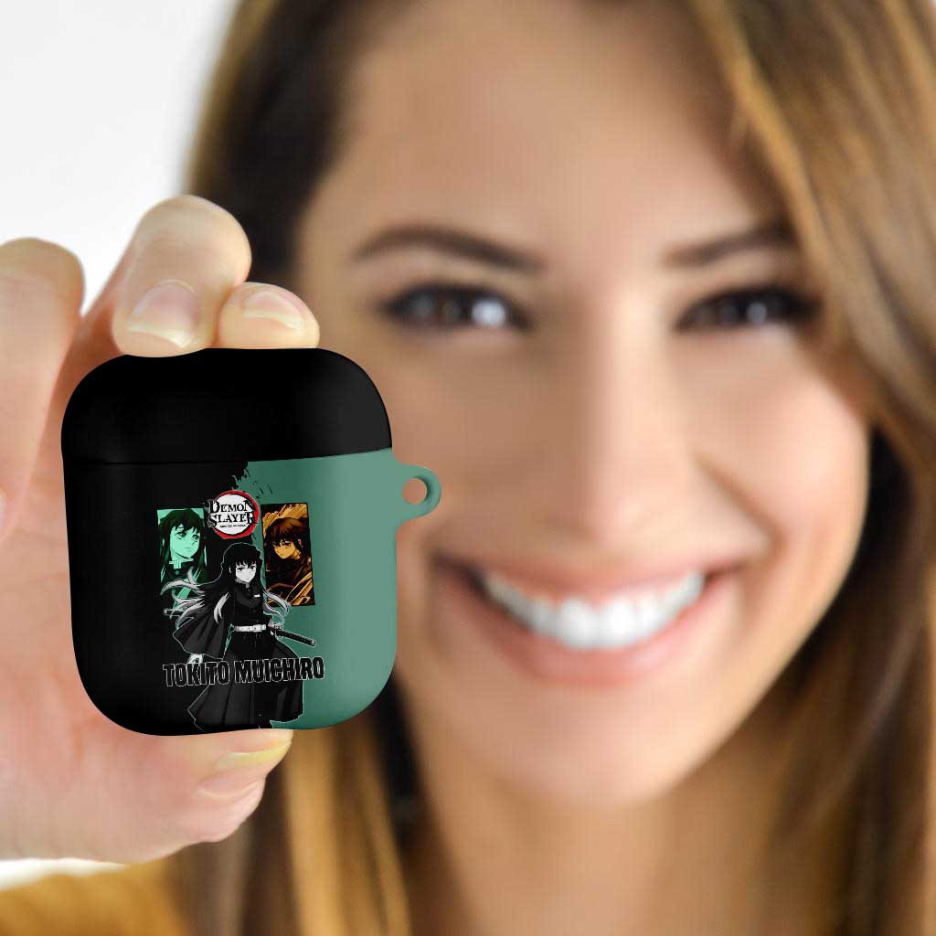 Muichiro Tokito from Demon Slayer AirPods Case with Green and Black Mist Background and Dual Character Manga Style Design - The Mazicc