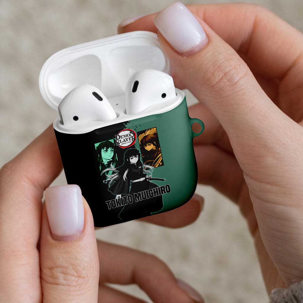 Muichiro Tokito from Demon Slayer AirPods Case with Green and Black Mist Background and Dual Character Manga Style Design - The Mazicc
