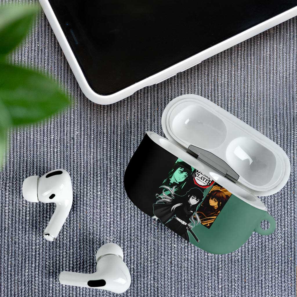 Muichiro Tokito from Demon Slayer AirPods Case with Green and Black Mist Background and Dual Character Manga Style Design - The Mazicc