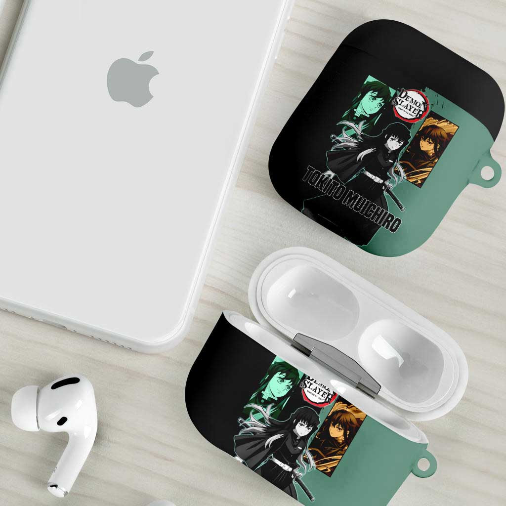 Muichiro Tokito from Demon Slayer AirPods Case with Green and Black Mist Background and Dual Character Manga Style Design - The Mazicc