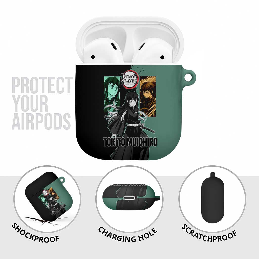Muichiro Tokito from Demon Slayer AirPods Case with Green and Black Mist Background and Dual Character Manga Style Design - The Mazicc