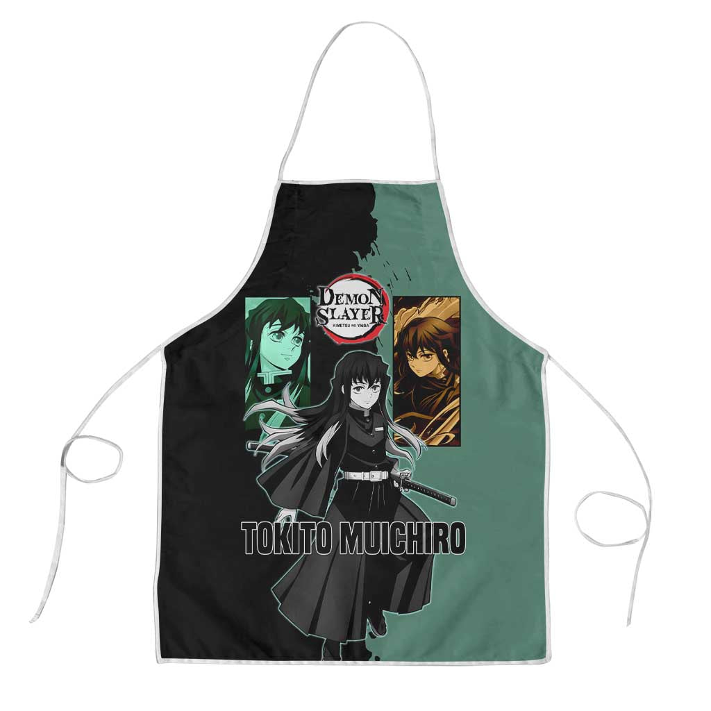 Muichiro Tokito from Demon Slayer Apron with Green and Black Mist Background and Dual Character Manga Style Design - The Mazicc