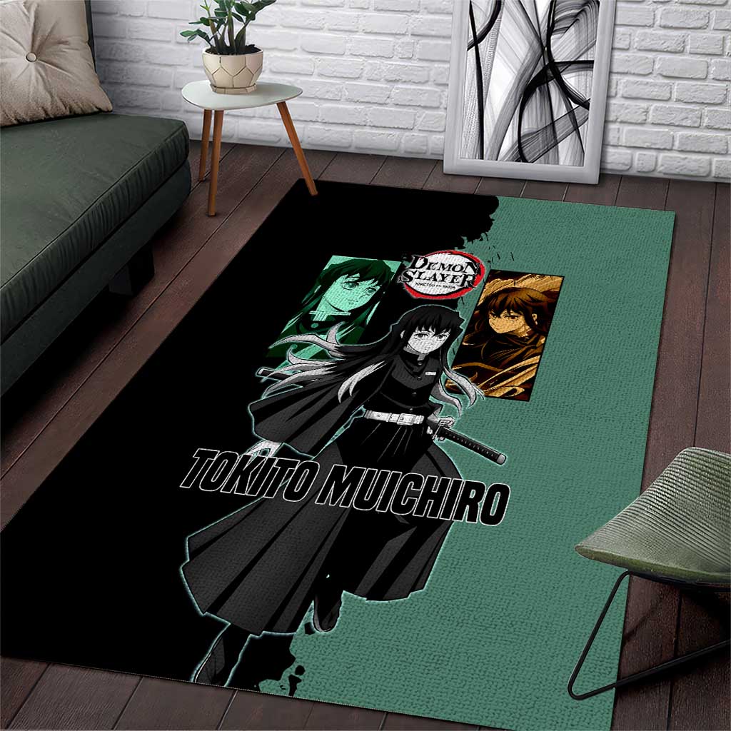 Muichiro Tokito from Demon Slayer Area Rug with Green and Black Mist Background and Dual Character Manga Style Design - The Mazicc