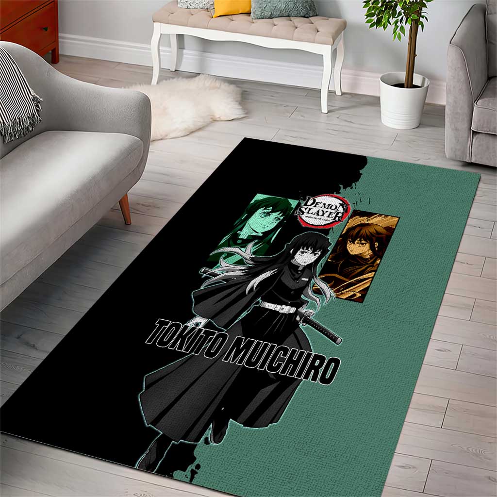 Muichiro Tokito from Demon Slayer Area Rug with Green and Black Mist Background and Dual Character Manga Style Design - The Mazicc