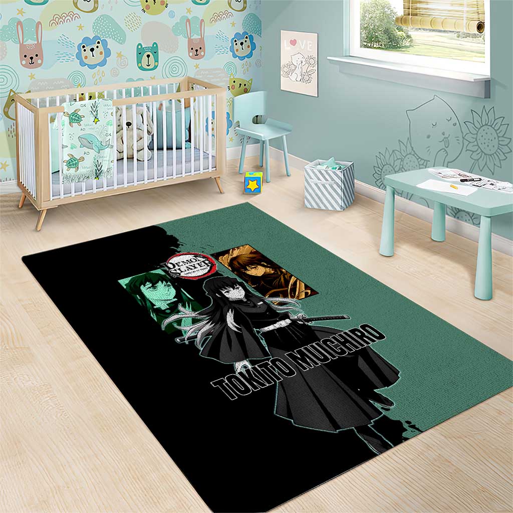 Muichiro Tokito from Demon Slayer Area Rug with Green and Black Mist Background and Dual Character Manga Style Design - The Mazicc