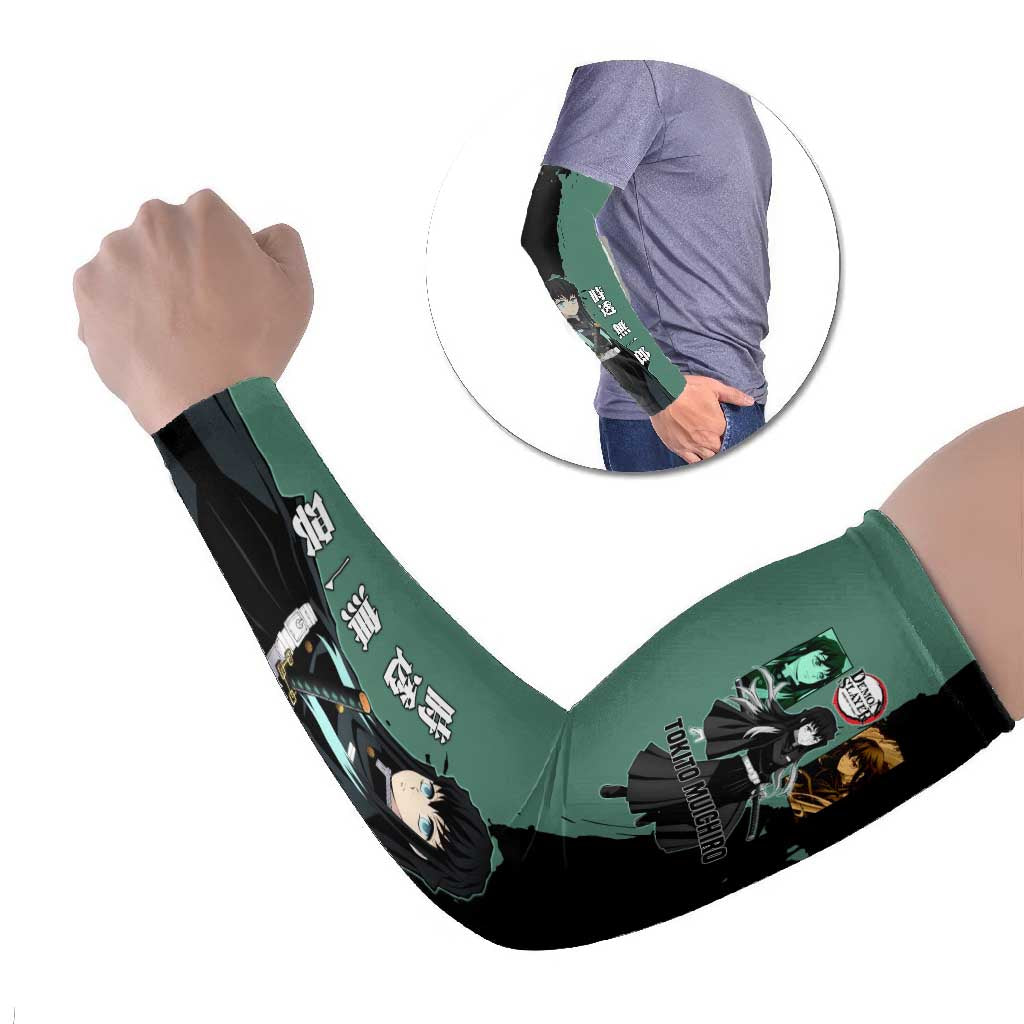 Muichiro Tokito from Demon Slayer Arm Sleeves with Green and Black Mist Background and Dual Character Manga Style Design - The Mazicc