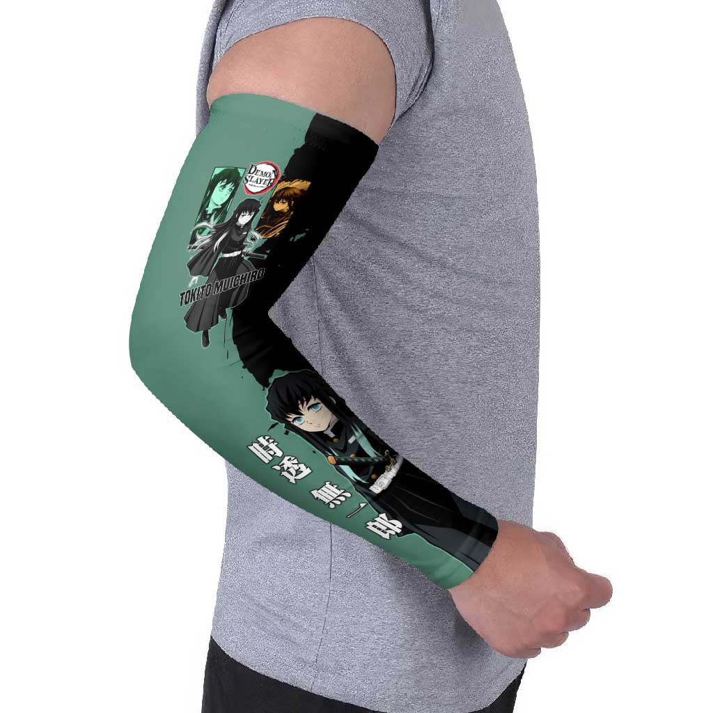 Muichiro Tokito from Demon Slayer Arm Sleeves with Green and Black Mist Background and Dual Character Manga Style Design - The Mazicc