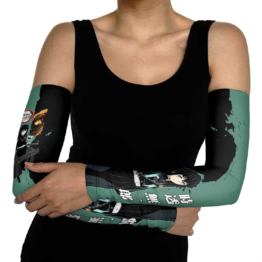 Muichiro Tokito from Demon Slayer Arm Sleeves with Green and Black Mist Background and Dual Character Manga Style Design - The Mazicc