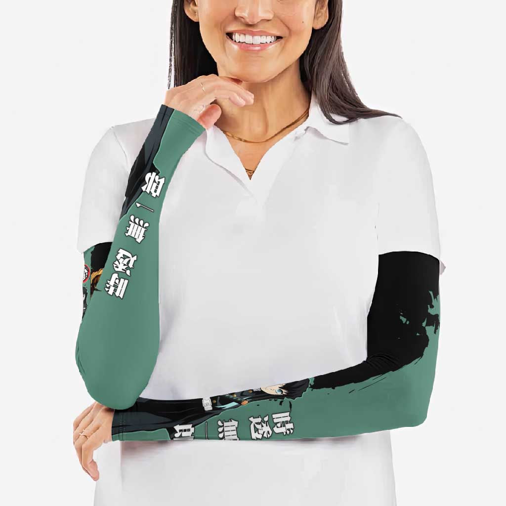 Muichiro Tokito from Demon Slayer Arm Sleeves with Green and Black Mist Background and Dual Character Manga Style Design - The Mazicc