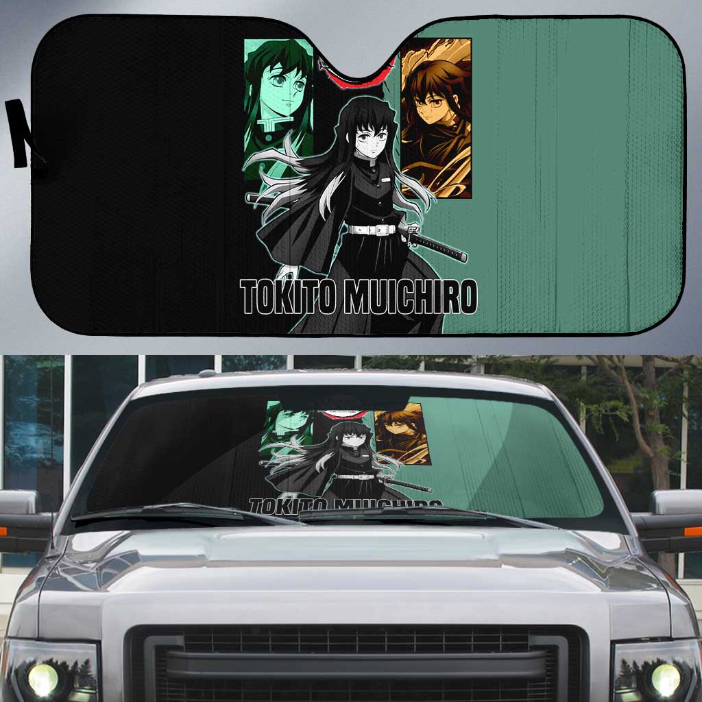 Muichiro Tokito from Demon Slayer Auto Sun Shade with Green and Black Mist Background and Dual Character Manga Style Design - The Mazicc