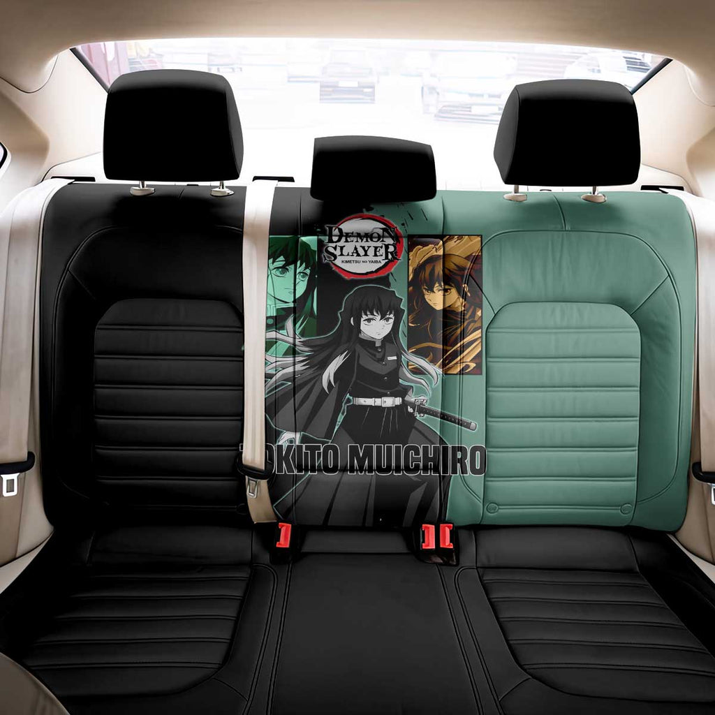 Muichiro Tokito from Demon Slayer Back Car Seat Cover with Green and Black Mist Background and Dual Character Manga Style Design - The Mazicc
