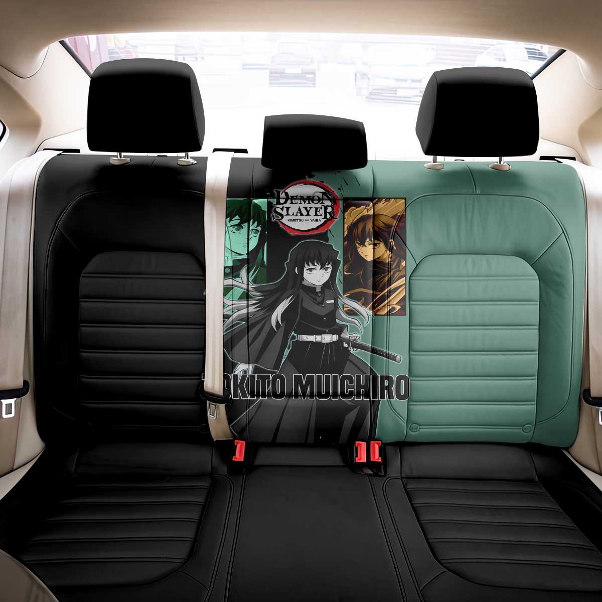 Muichiro Tokito from Demon Slayer Back Car Seat Cover with Green and Black Mist Background and Dual Character Manga Style Design - The Mazicc