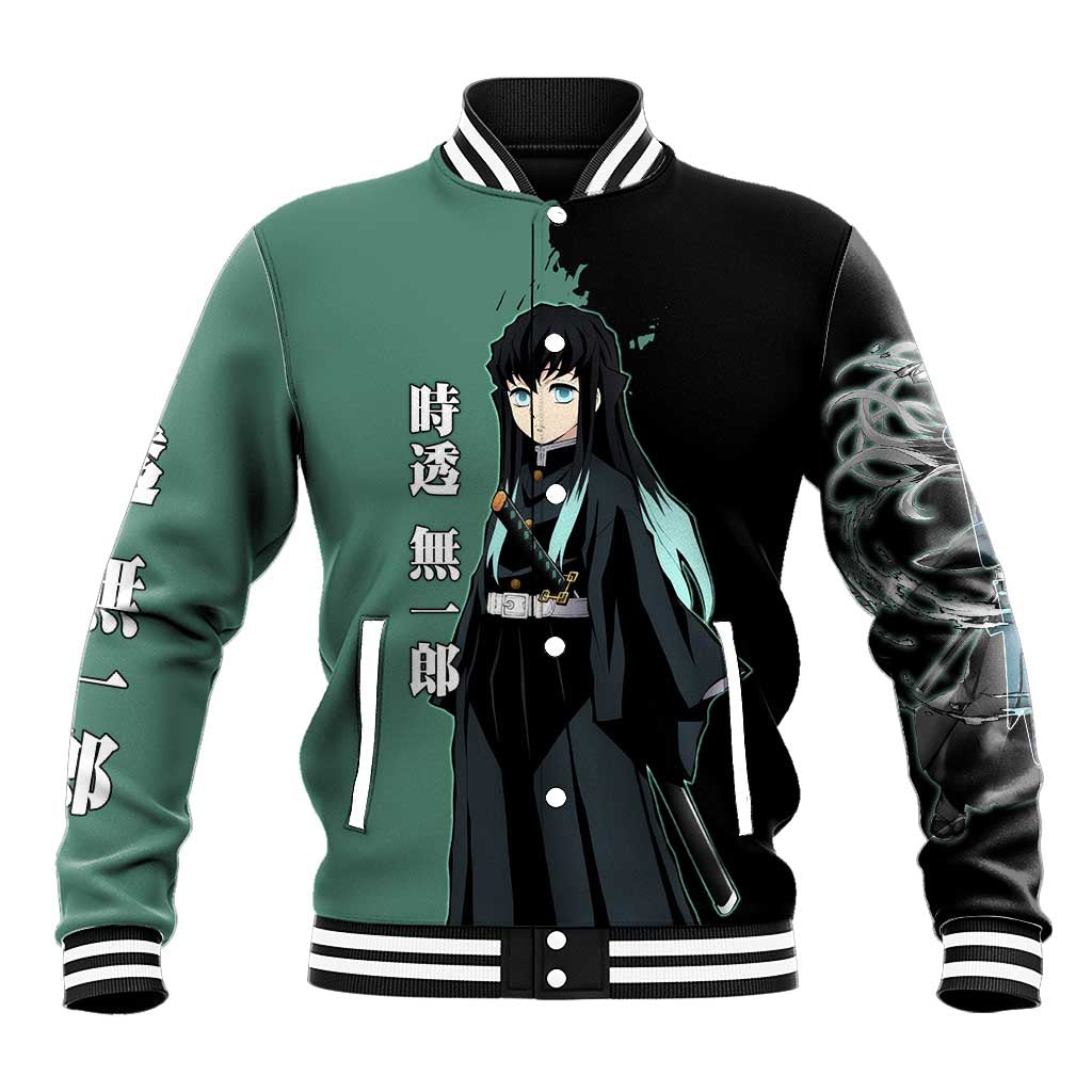 Muichiro Tokito from Demon Slayer Baseball Jacket with Green and Black Mist Background and Dual Character Manga Style Design - The Mazicc