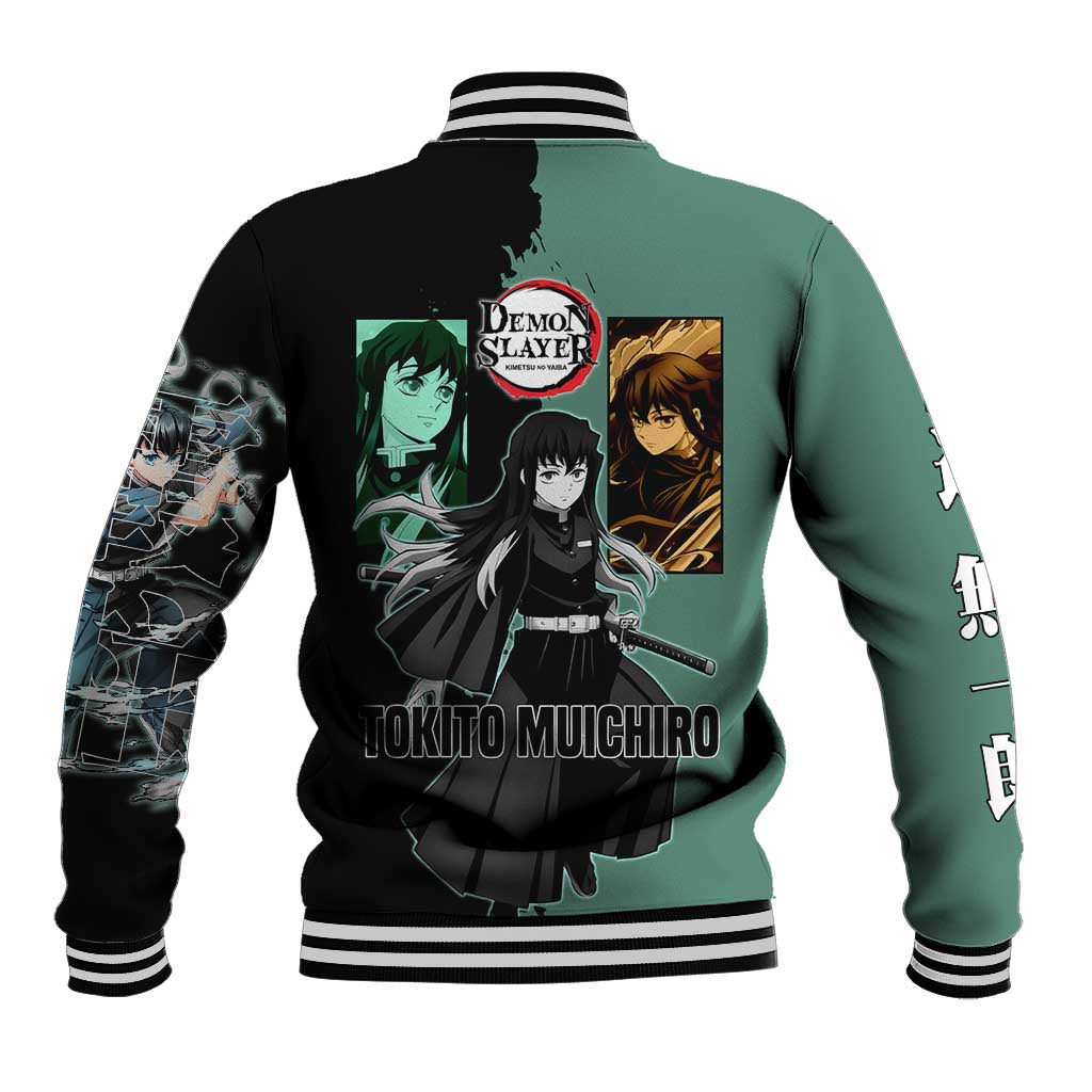 Muichiro Tokito from Demon Slayer Baseball Jacket with Green and Black Mist Background and Dual Character Manga Style Design - The Mazicc