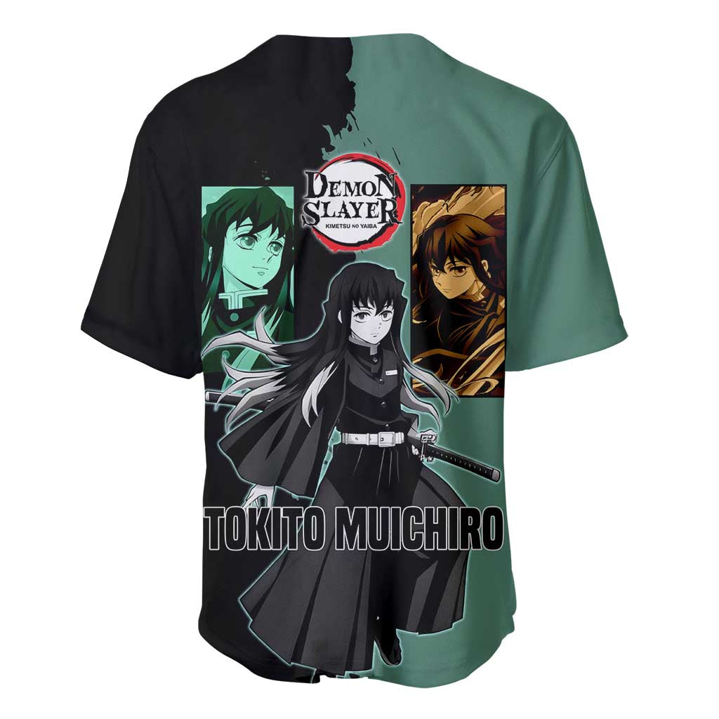 Muichiro Tokito from Demon Slayer Baseball Jersey with Green and Black Mist Background and Dual Character Manga Style Design - The Mazicc