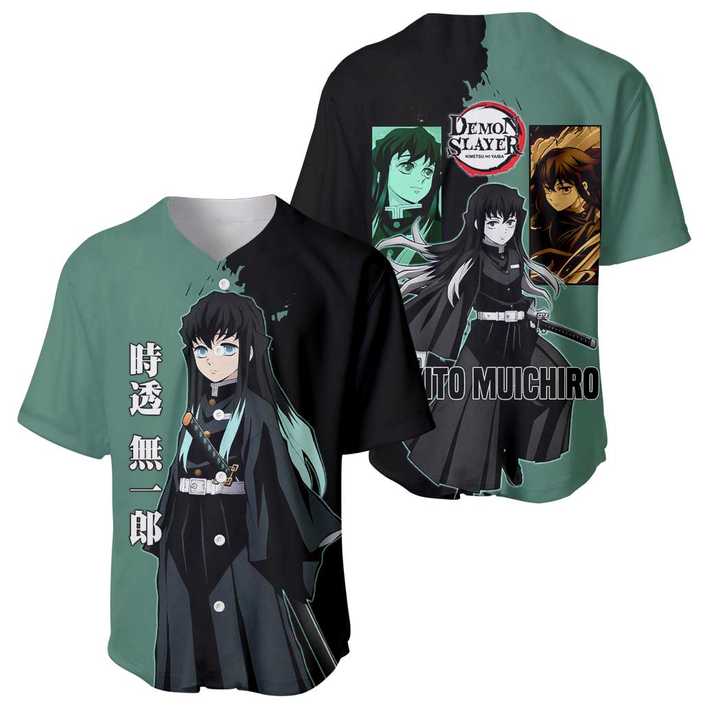 Muichiro Tokito from Demon Slayer Baseball Jersey with Green and Black Mist Background and Dual Character Manga Style Design - The Mazicc