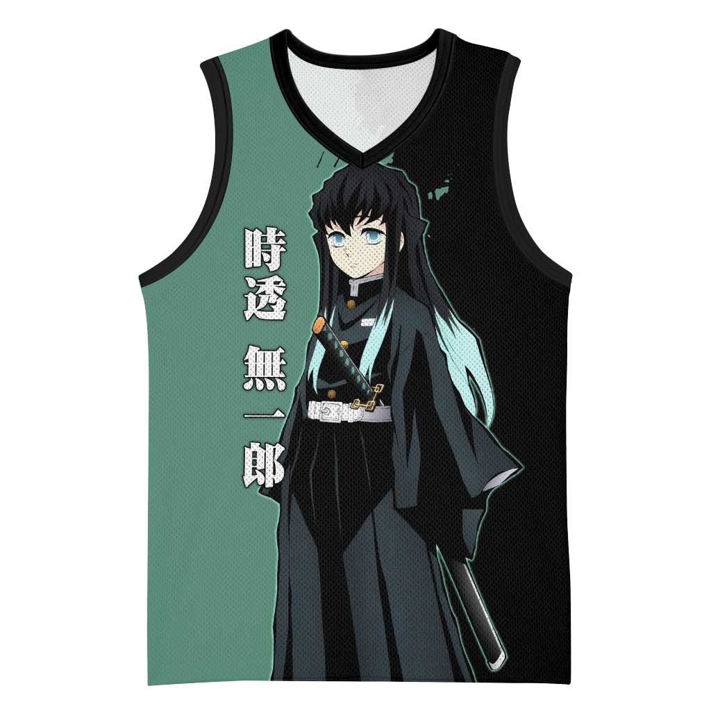 Muichiro Tokito from Demon Slayer Basketball Jersey with Green and Black Mist Background and Dual Character Manga Style Design - The Mazicc