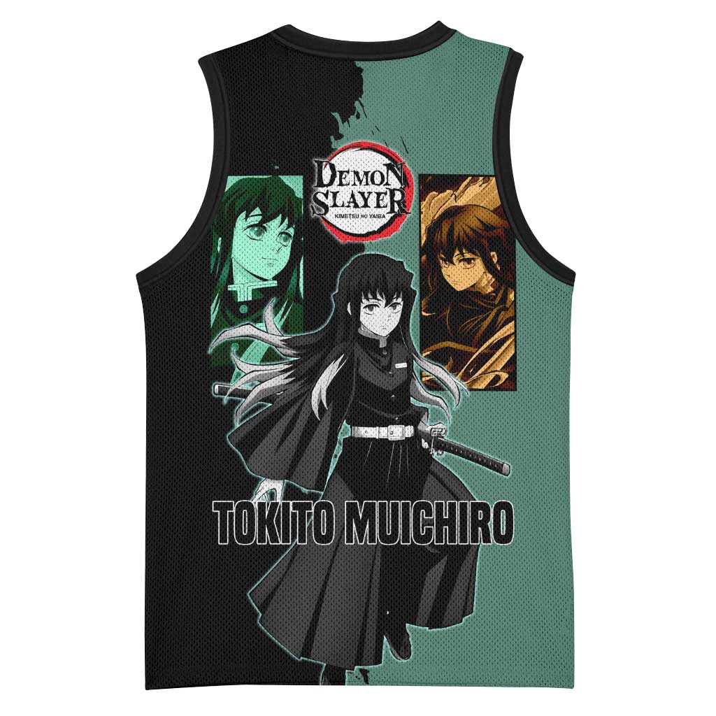 Muichiro Tokito from Demon Slayer Basketball Jersey with Green and Black Mist Background and Dual Character Manga Style Design - The Mazicc