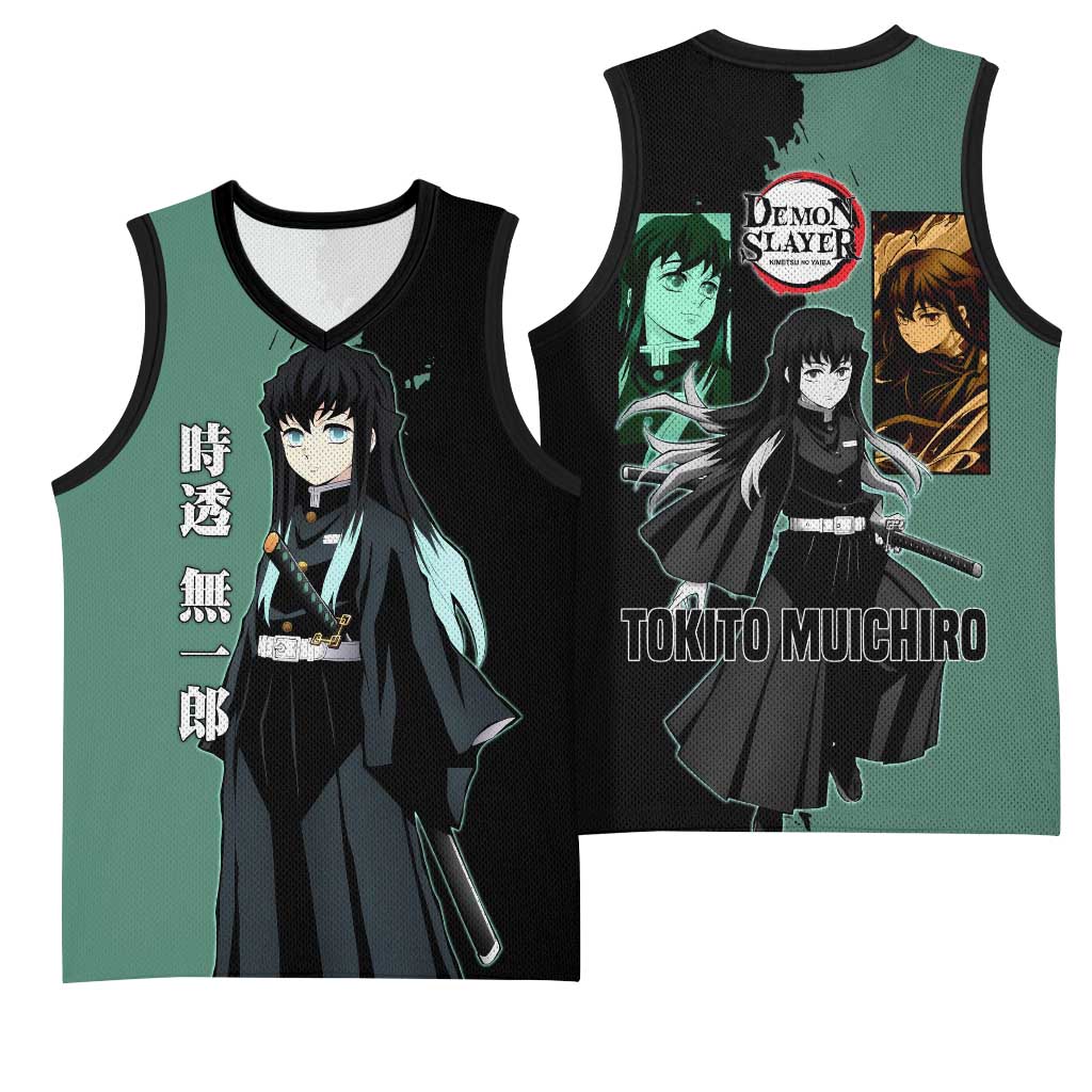 Muichiro Tokito from Demon Slayer Basketball Jersey with Green and Black Mist Background and Dual Character Manga Style Design - The Mazicc