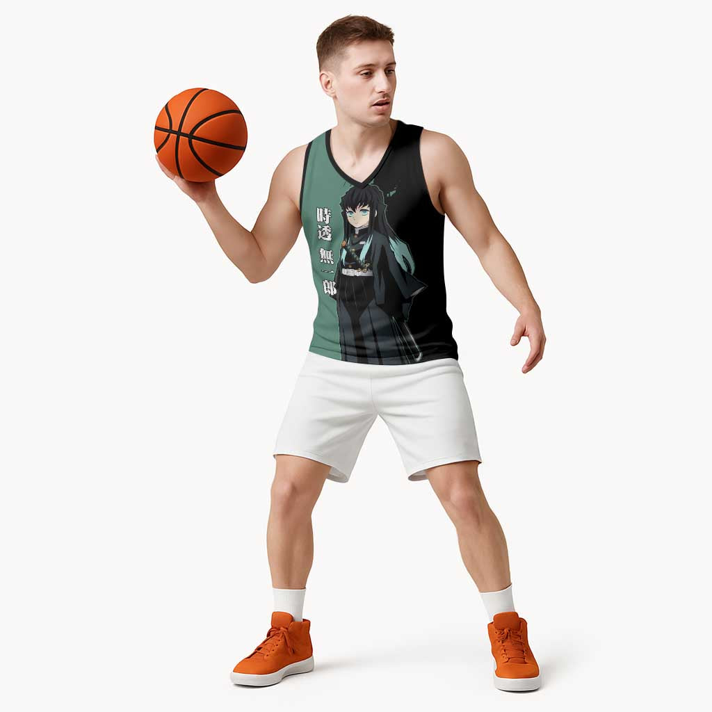 Muichiro Tokito from Demon Slayer Basketball Jersey with Green and Black Mist Background and Dual Character Manga Style Design - The Mazicc