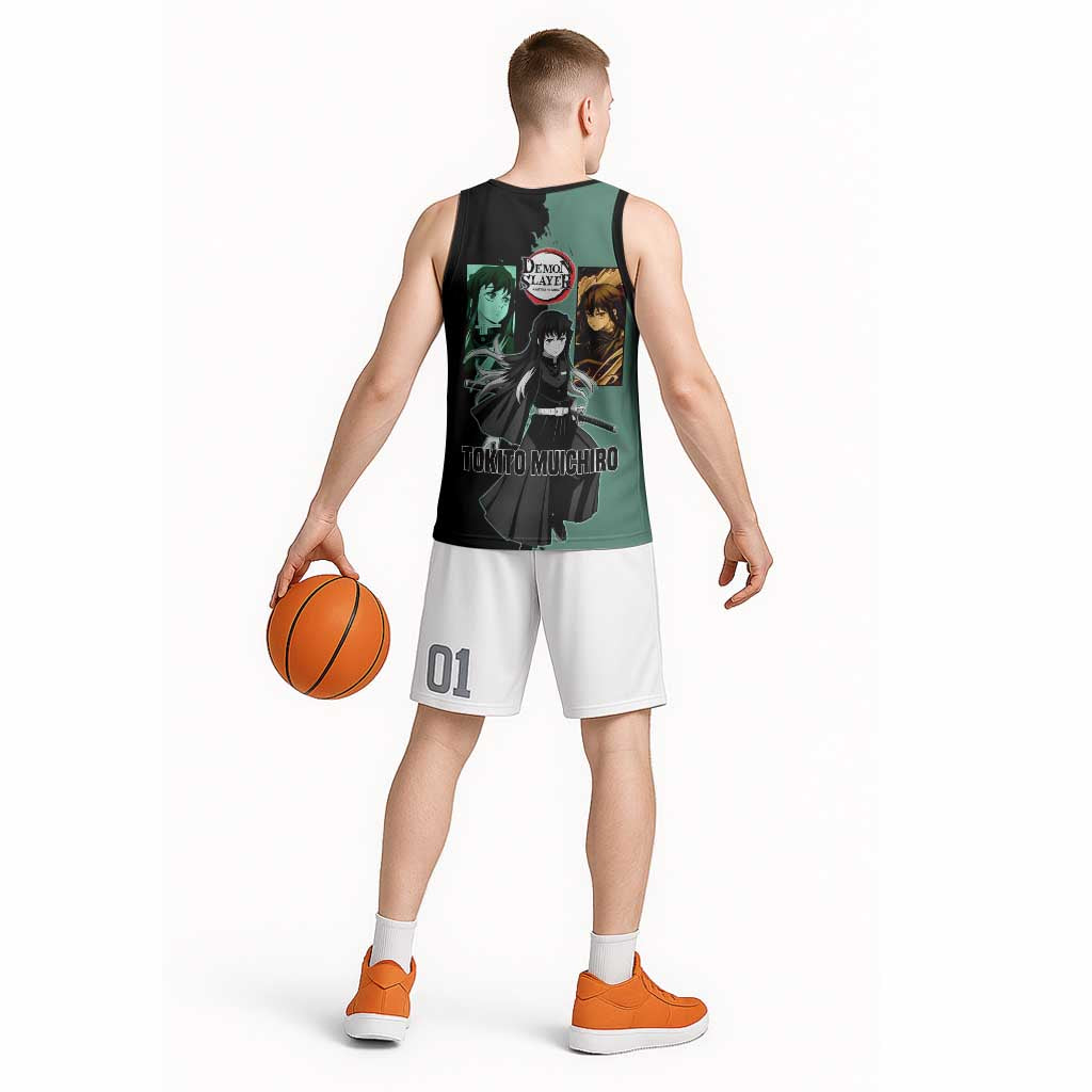 Muichiro Tokito from Demon Slayer Basketball Jersey with Green and Black Mist Background and Dual Character Manga Style Design - The Mazicc