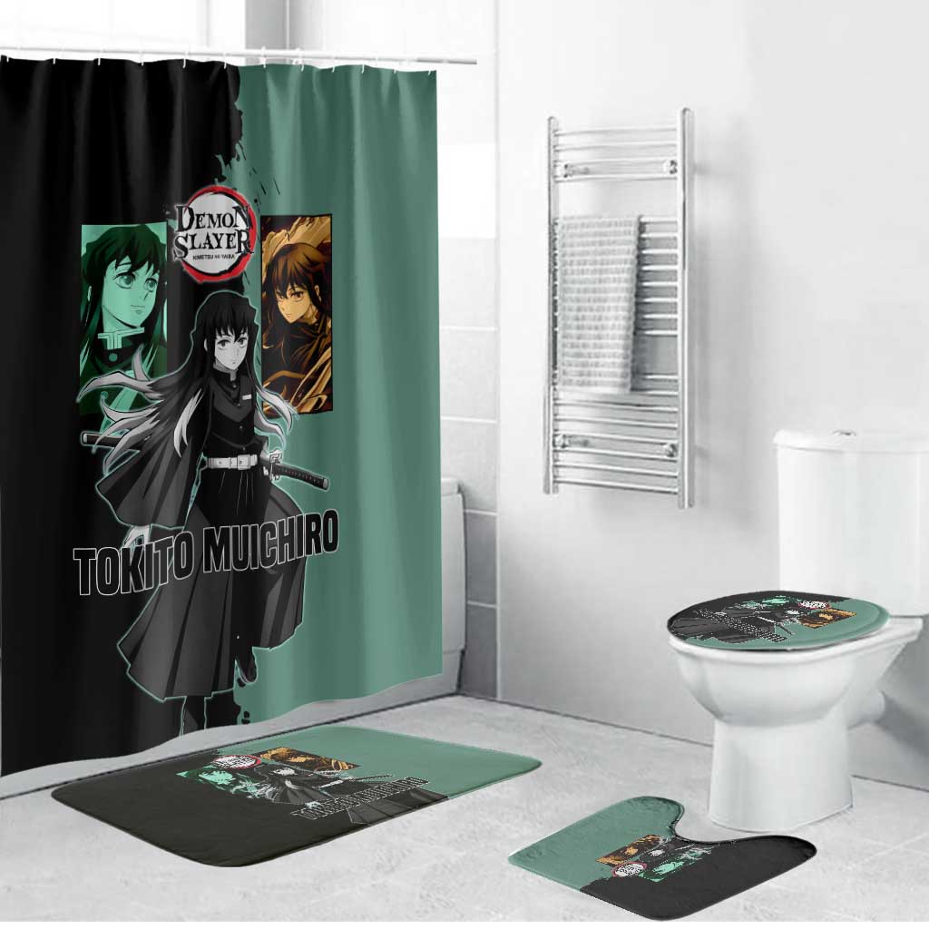 Muichiro Tokito from Demon Slayer Bathroom Set with Green and Black Mist Background and Dual Character Manga Style Design - The Mazicc