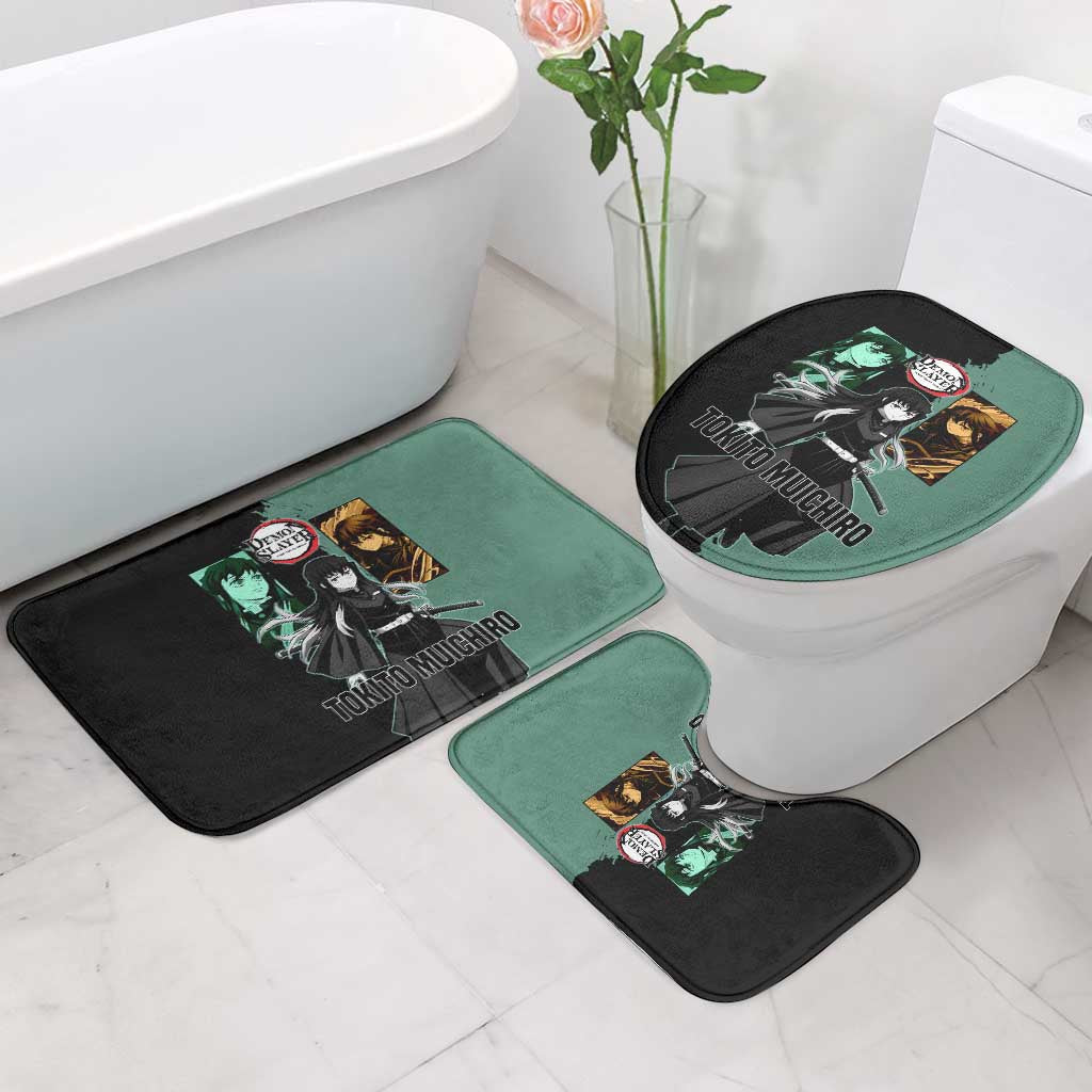 Muichiro Tokito from Demon Slayer Bathroom Set with Green and Black Mist Background and Dual Character Manga Style Design - The Mazicc