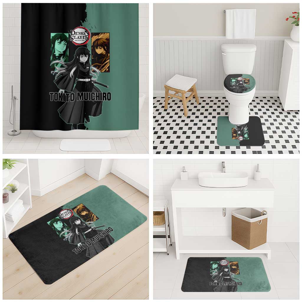Muichiro Tokito from Demon Slayer Bathroom Set with Green and Black Mist Background and Dual Character Manga Style Design - The Mazicc