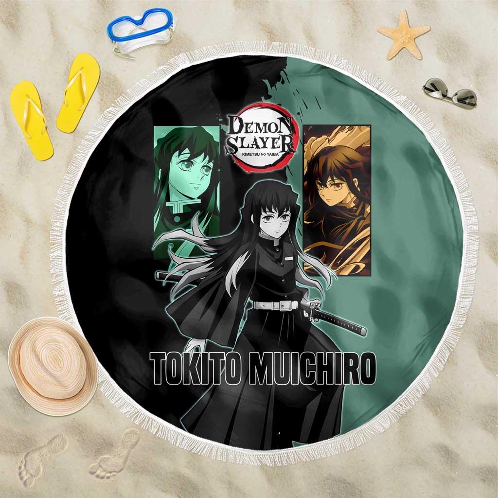 Muichiro Tokito from Demon Slayer Beach Blanket with Green and Black Mist Background and Dual Character Manga Style Design - The Mazicc