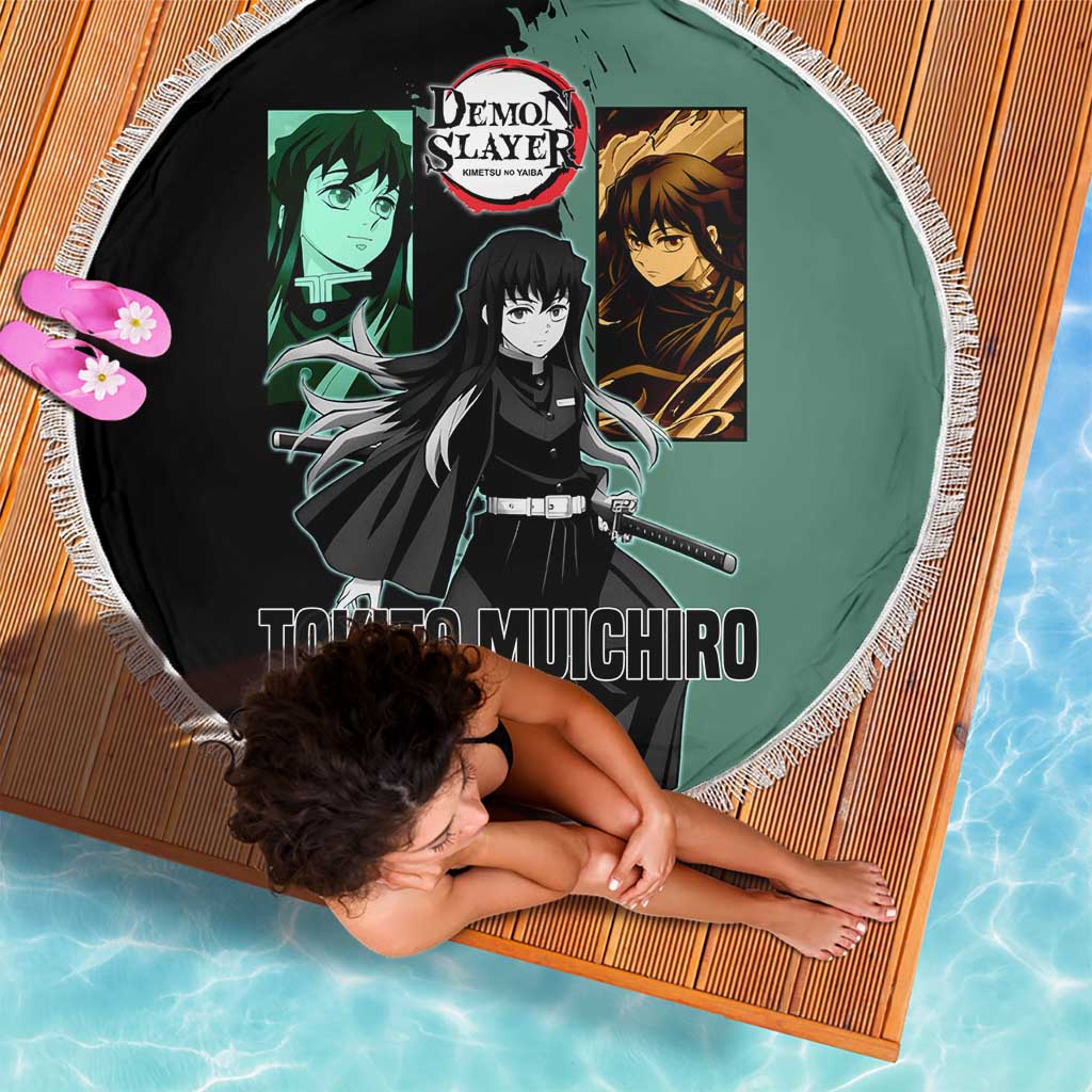 Muichiro Tokito from Demon Slayer Beach Blanket with Green and Black Mist Background and Dual Character Manga Style Design - The Mazicc