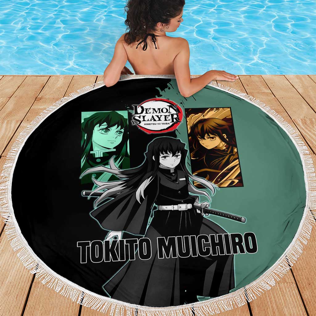 Muichiro Tokito from Demon Slayer Beach Blanket with Green and Black Mist Background and Dual Character Manga Style Design - The Mazicc
