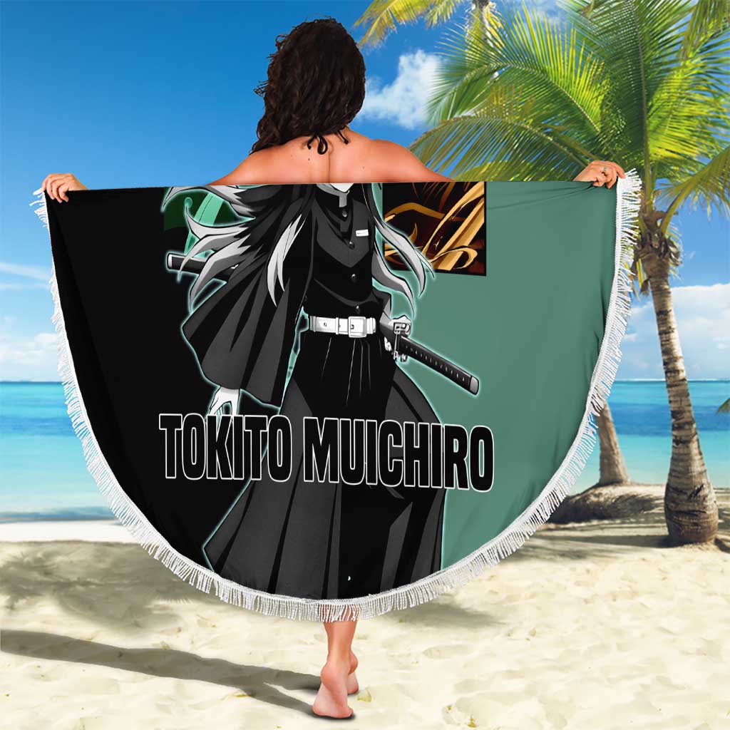 Muichiro Tokito from Demon Slayer Beach Blanket with Green and Black Mist Background and Dual Character Manga Style Design - The Mazicc