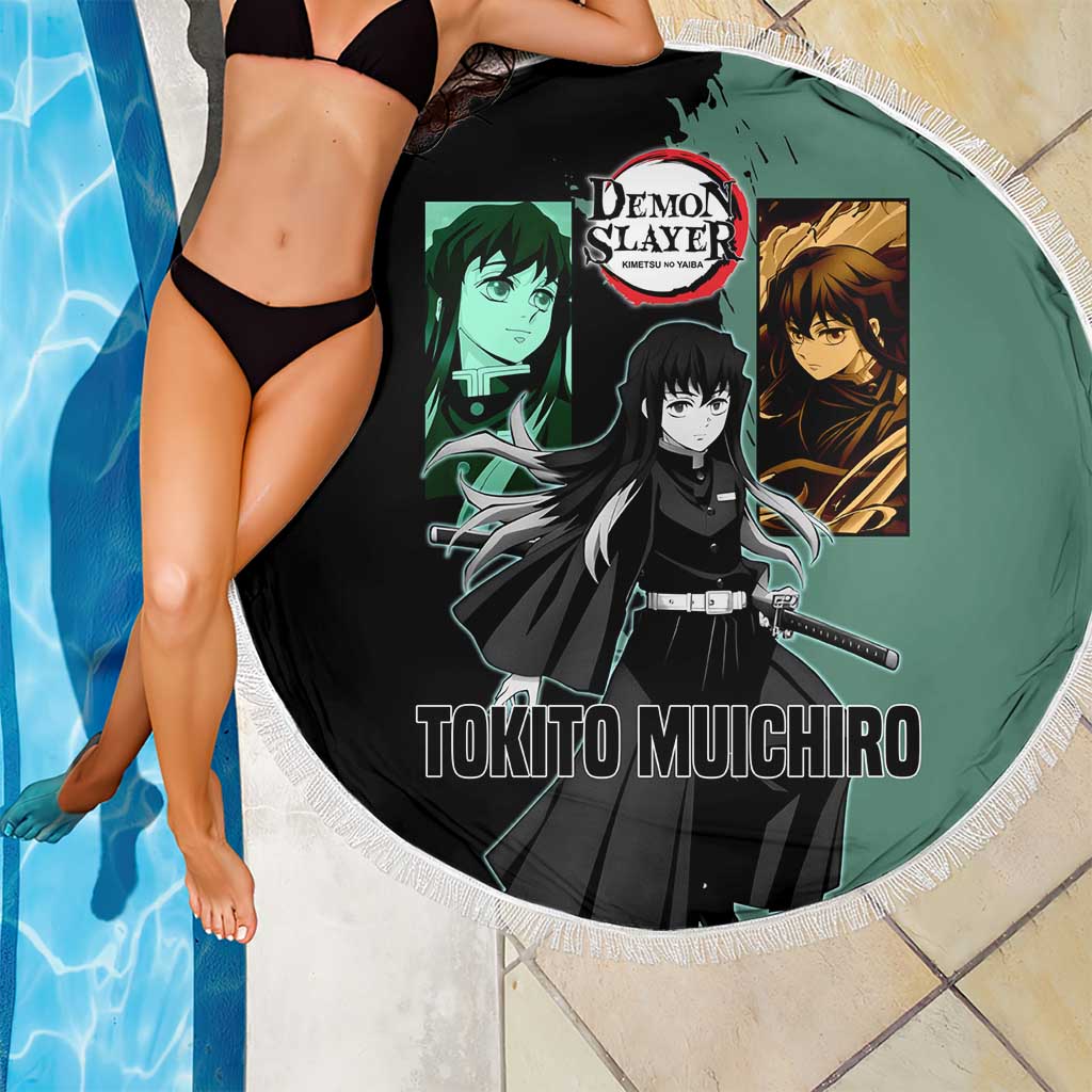 Muichiro Tokito from Demon Slayer Beach Blanket with Green and Black Mist Background and Dual Character Manga Style Design - The Mazicc