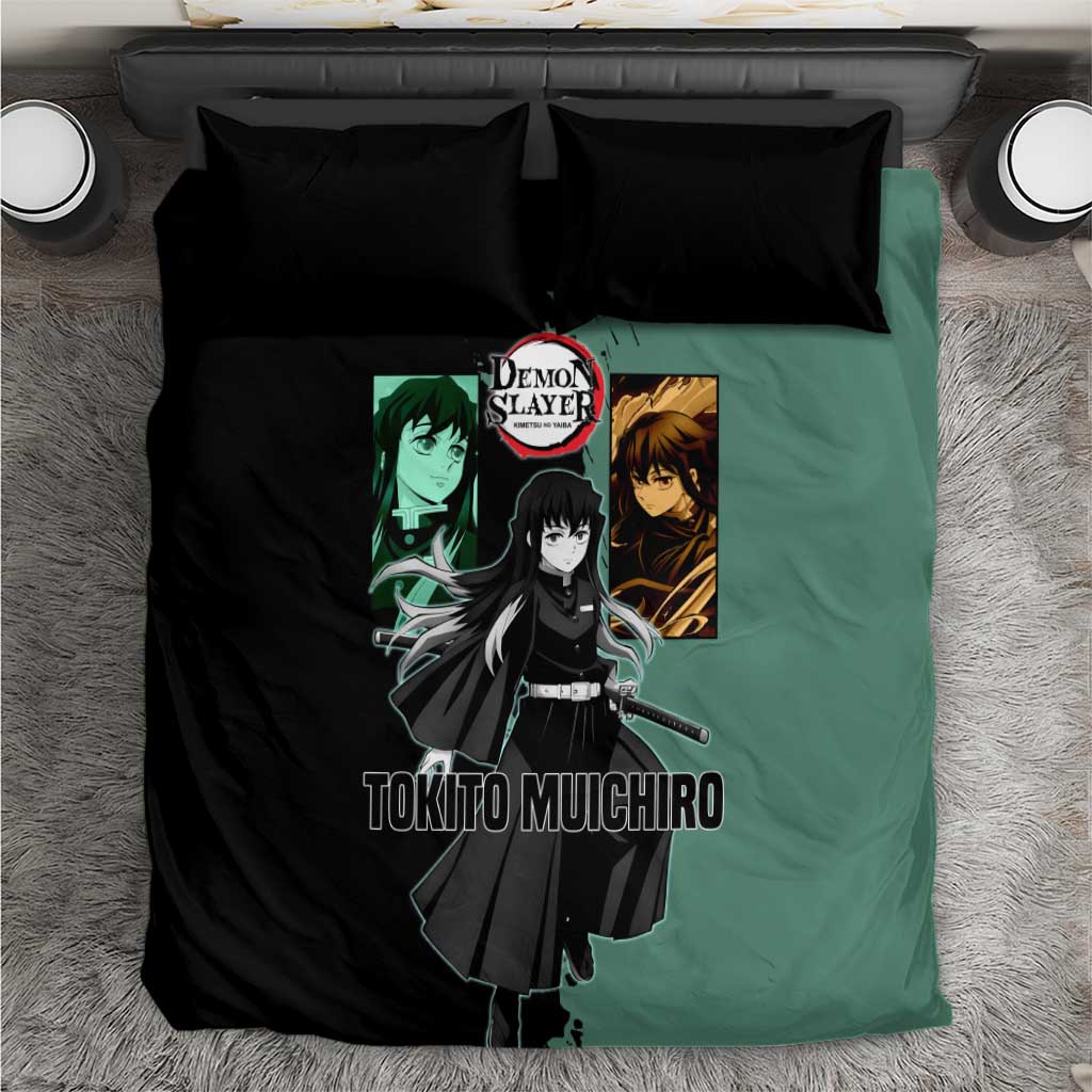 Muichiro Tokito from Demon Slayer Bedding Set with Green and Black Mist Background and Dual Character Manga Style Design - The Mazicc