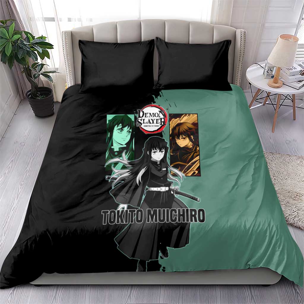 Muichiro Tokito from Demon Slayer Bedding Set with Green and Black Mist Background and Dual Character Manga Style Design - The Mazicc
