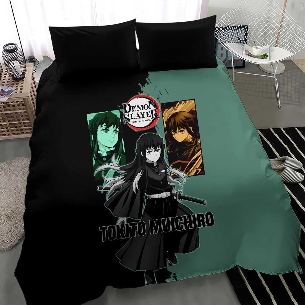Muichiro Tokito from Demon Slayer Bedding Set with Green and Black Mist Background and Dual Character Manga Style Design - The Mazicc