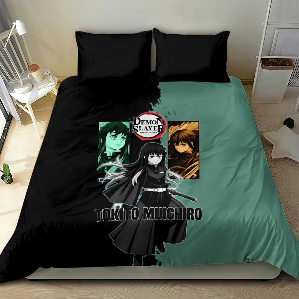 Muichiro Tokito from Demon Slayer Bedding Set with Green and Black Mist Background and Dual Character Manga Style Design - The Mazicc