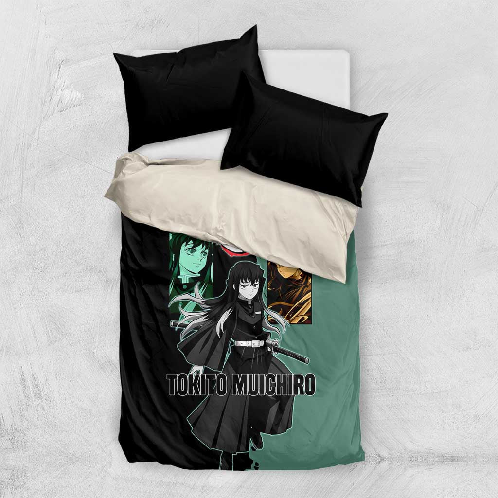 Muichiro Tokito from Demon Slayer Bedding Set with Green and Black Mist Background and Dual Character Manga Style Design - The Mazicc
