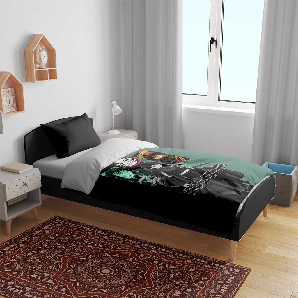 Muichiro Tokito from Demon Slayer Bedding Set with Green and Black Mist Background and Dual Character Manga Style Design - The Mazicc