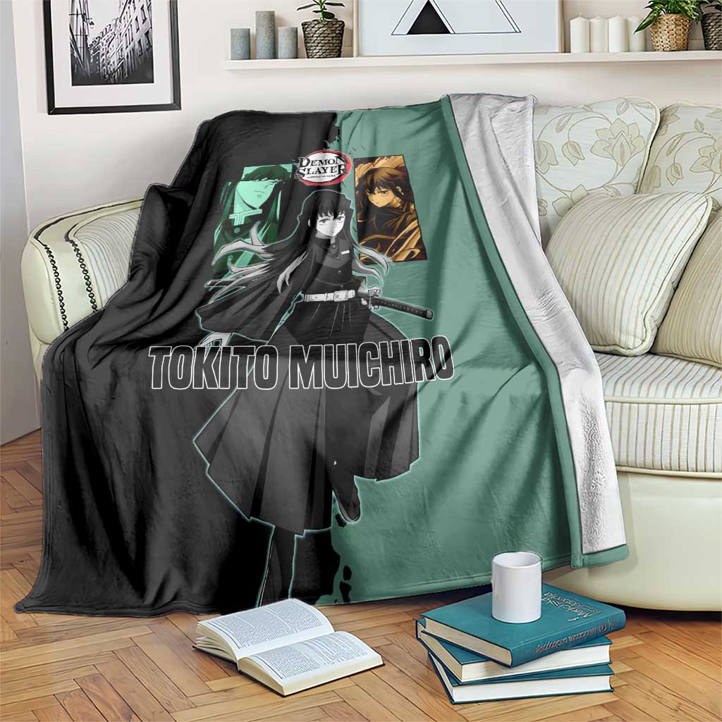 Muichiro Tokito from Demon Slayer Blanket with Green and Black Mist Background and Dual Character Manga Style Design - The Mazicc