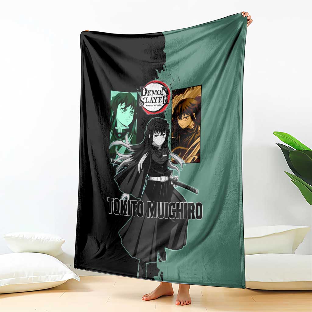 Muichiro Tokito from Demon Slayer Blanket with Green and Black Mist Background and Dual Character Manga Style Design - The Mazicc