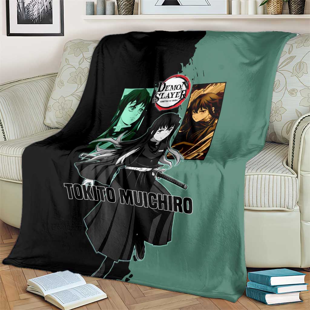 Muichiro Tokito from Demon Slayer Blanket with Green and Black Mist Background and Dual Character Manga Style Design - The Mazicc