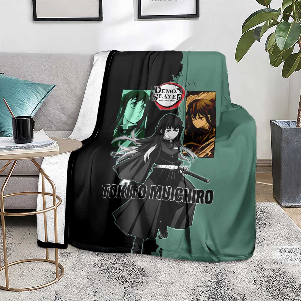 Muichiro Tokito from Demon Slayer Blanket with Green and Black Mist Background and Dual Character Manga Style Design - The Mazicc