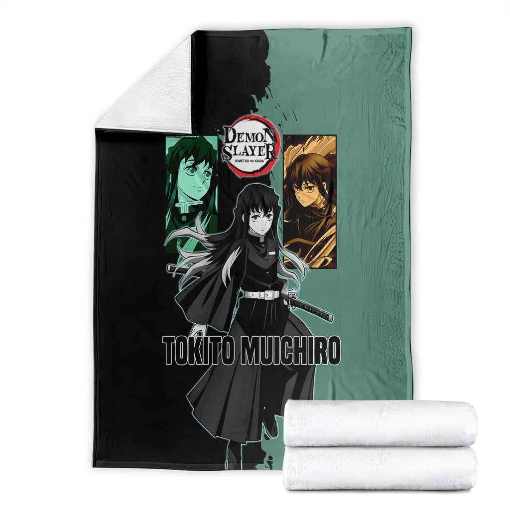 Muichiro Tokito from Demon Slayer Blanket with Green and Black Mist Background and Dual Character Manga Style Design - The Mazicc