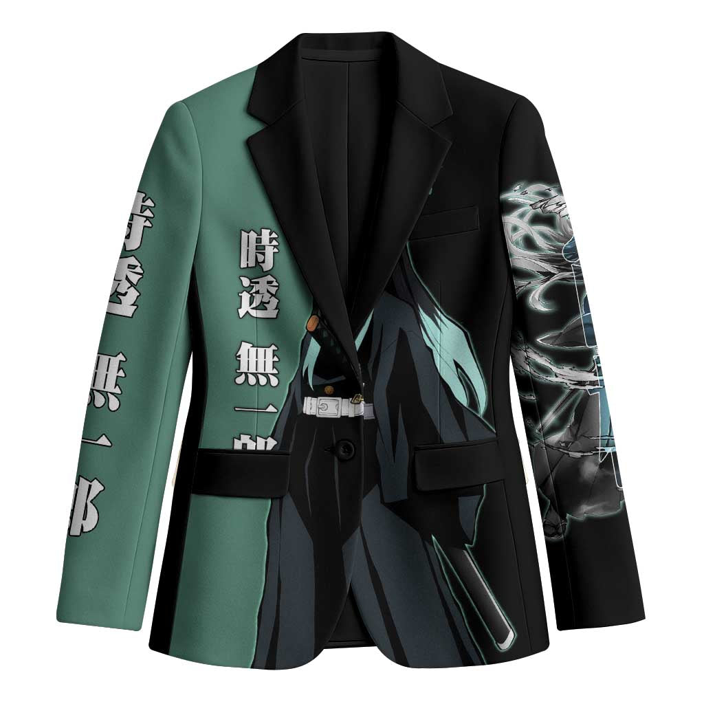Muichiro Tokito from Demon Slayer Blazer with Green and Black Mist Background and Dual Character Manga Style Design - The Mazicc