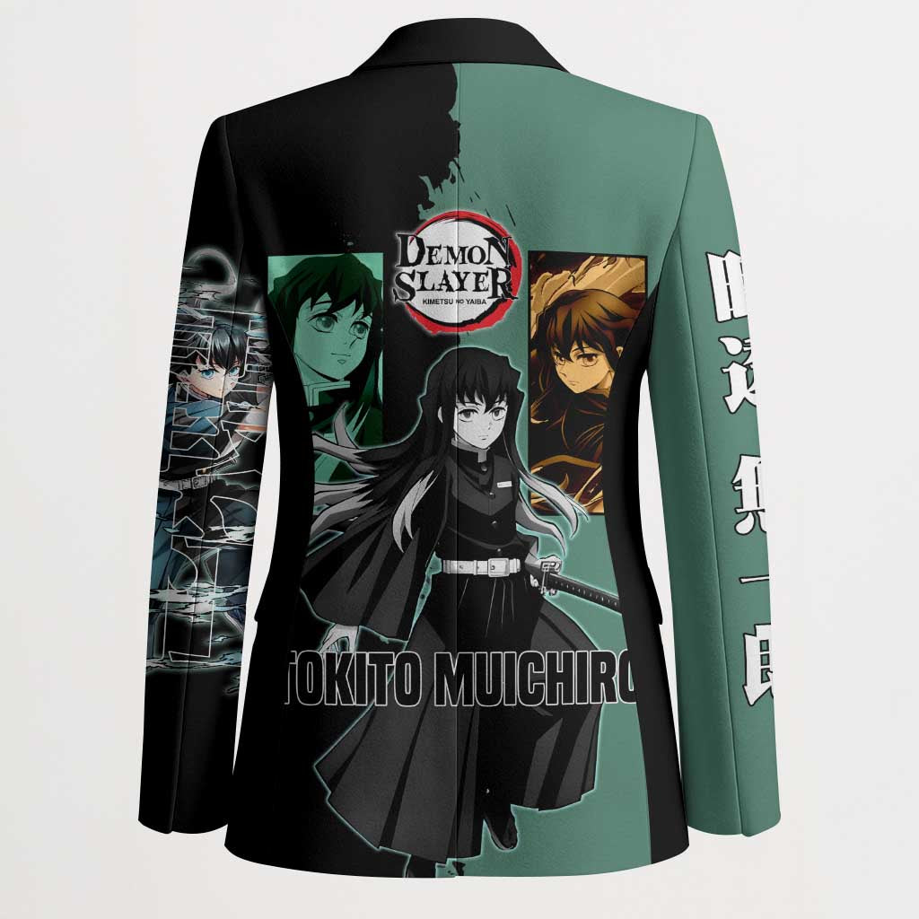 Muichiro Tokito from Demon Slayer Blazer with Green and Black Mist Background and Dual Character Manga Style Design - The Mazicc