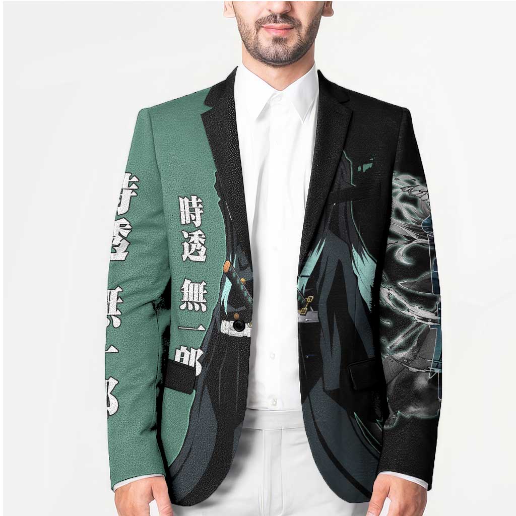 Muichiro Tokito from Demon Slayer Blazer with Green and Black Mist Background and Dual Character Manga Style Design - The Mazicc