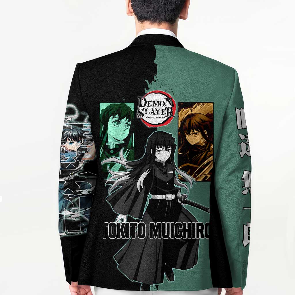 Muichiro Tokito from Demon Slayer Blazer with Green and Black Mist Background and Dual Character Manga Style Design - The Mazicc