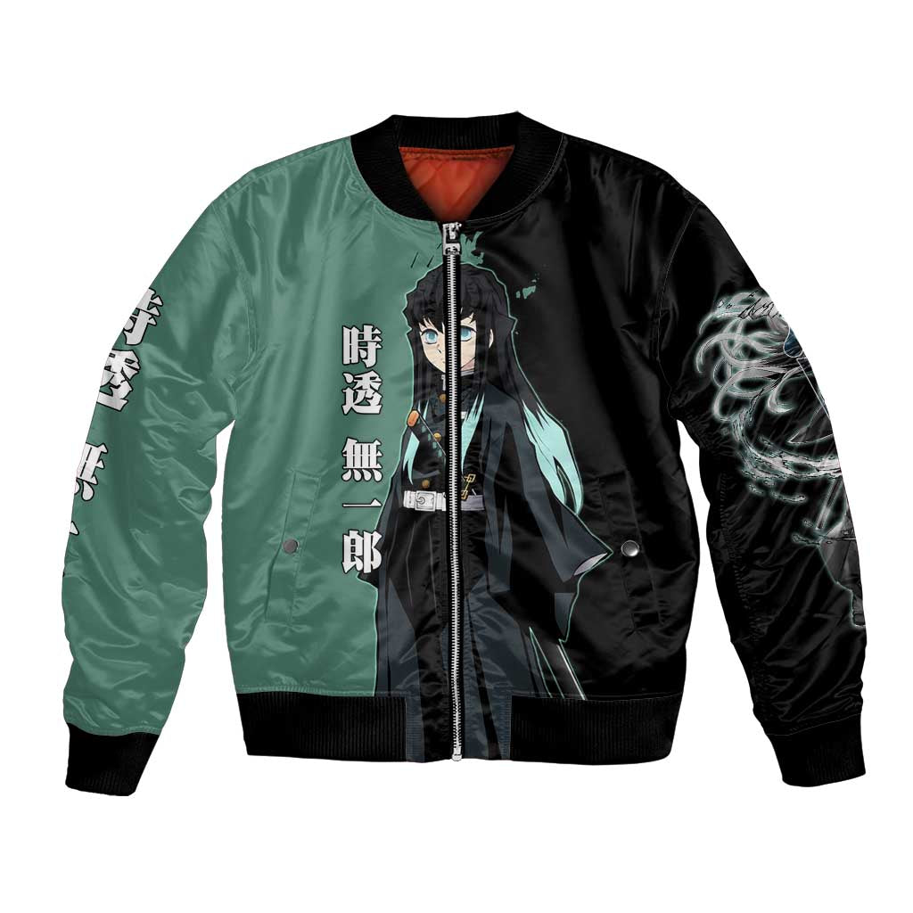 Muichiro Tokito from Demon Slayer Bomber Jacket with Green and Black Mist Background and Dual Character Manga Style Design - The Mazicc