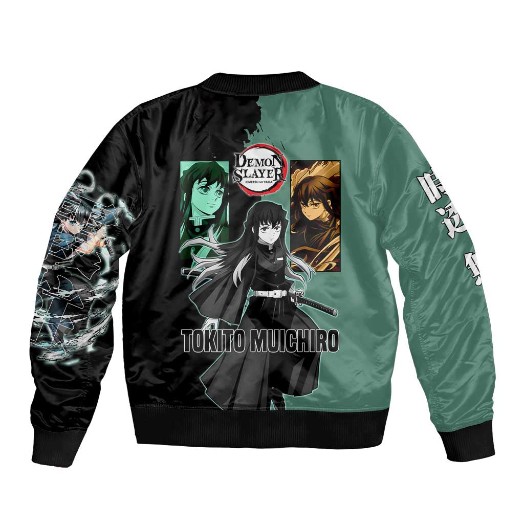 Muichiro Tokito from Demon Slayer Bomber Jacket with Green and Black Mist Background and Dual Character Manga Style Design - The Mazicc
